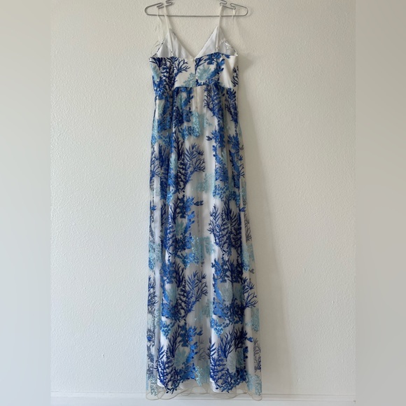 Nicole Miller White with Blue Floral Embroidered Sheer Overlay Maxi Dress - Picture 7 of 11